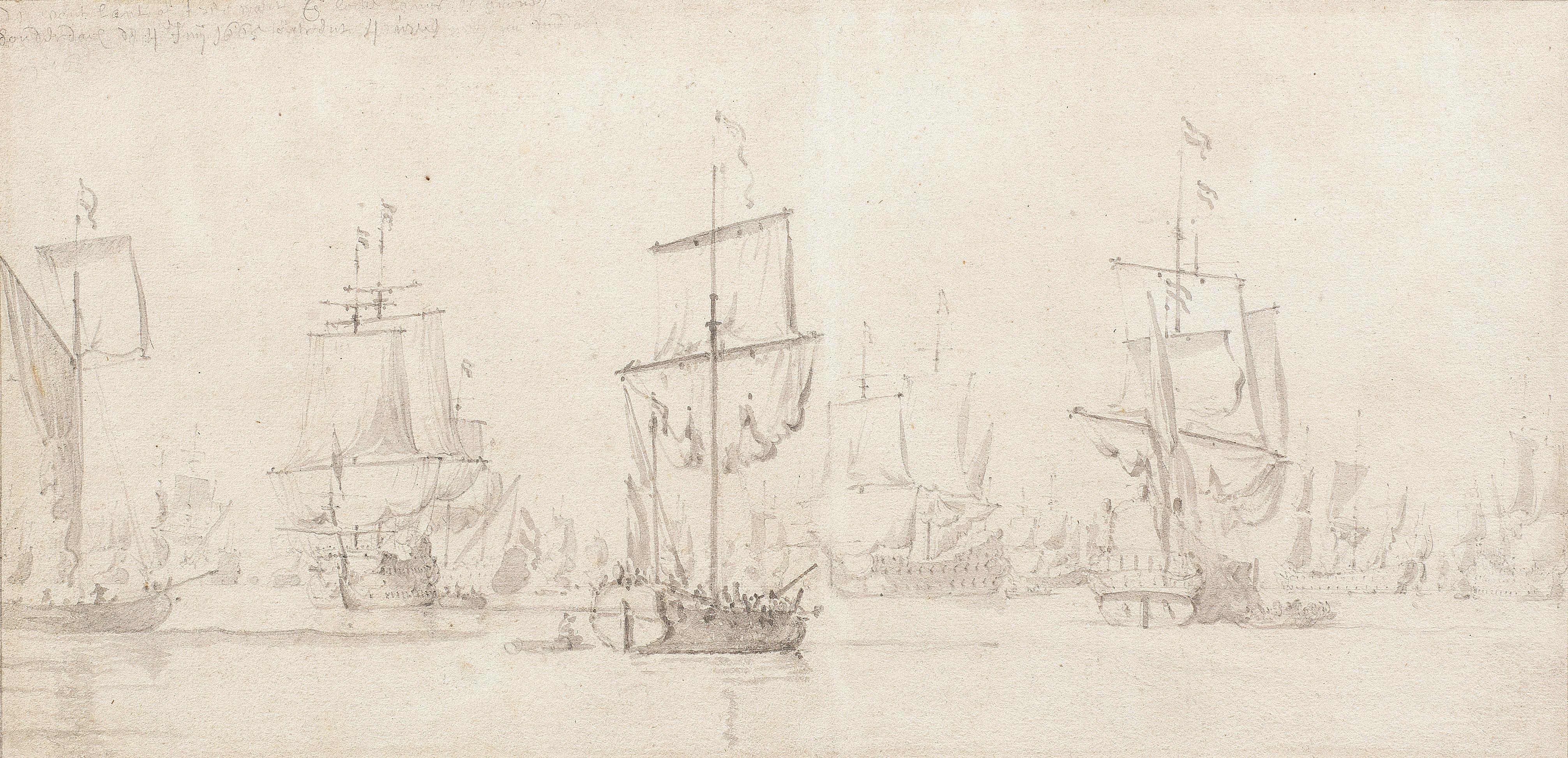 Willem Van De Velde The Elder - The Dutch fleet becalmed with a snow in the foreground and a galliot on the left