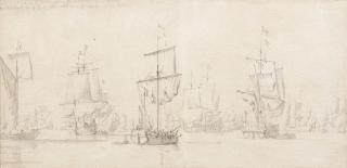 Willem Van De Velde The Elder - The Dutch fleet becalmed with a snow in the foreground and a galliot on the left