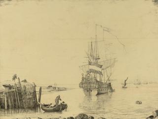 Willem Van De Velde The Elder - Zeeland Man-Of-War In A Calm Of A Jetty, A Rowing Boat In The Foreground