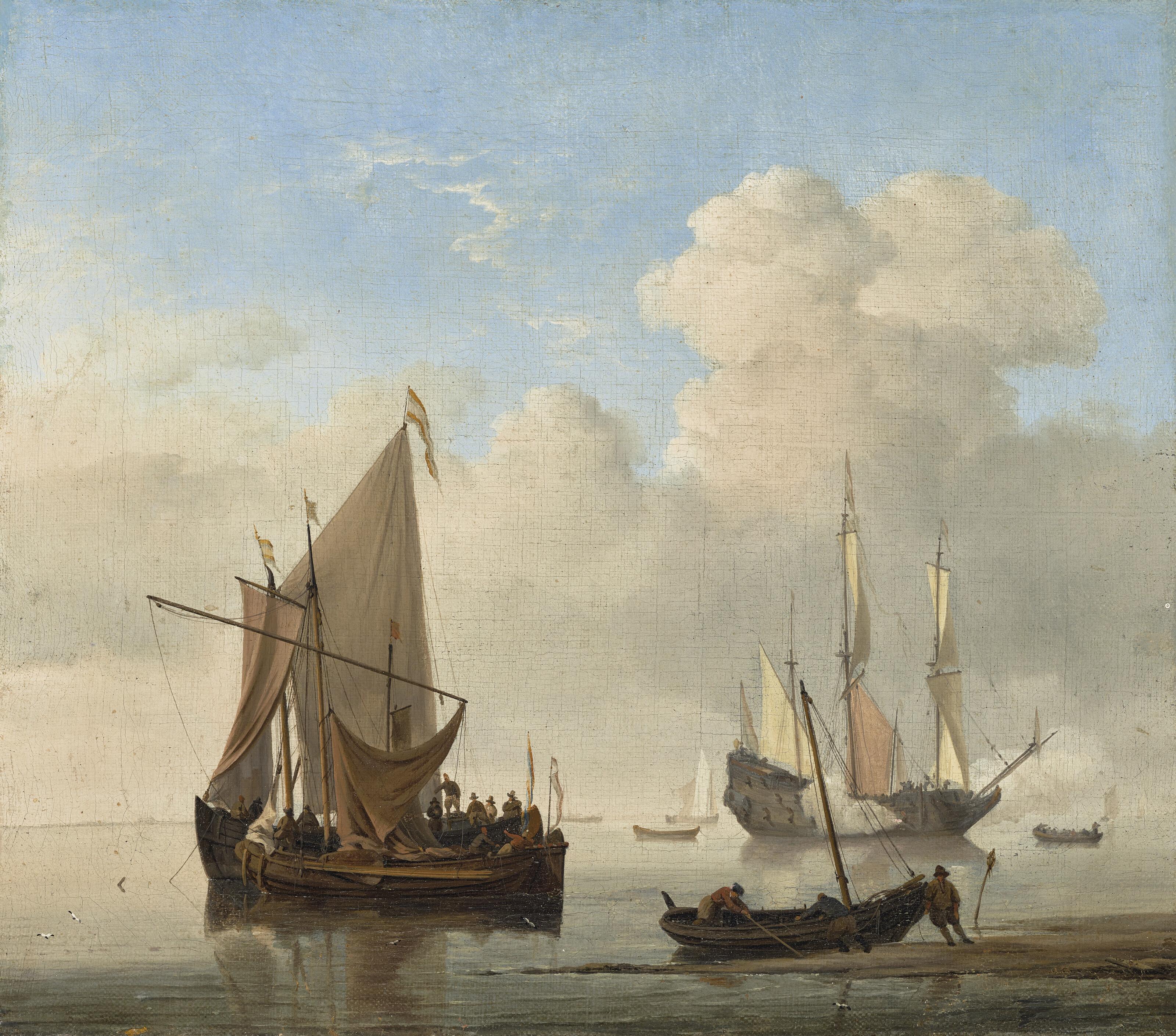 Willem Van De Velde The Younger - A Calm – A kaag alongside a smalschip at anchor, with a weyschuit being pushed off the shore and a man-of-war firing a salute beyond