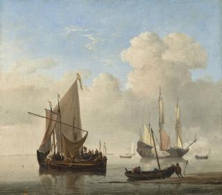 Willem Van De Velde The Younger - A Calm – A kaag alongside a smalschip at anchor, with a weyschuit being pushed off the shore and a man-of-war firing a salute beyond