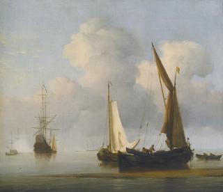 Willem Van De Velde The Younger - A Calm Sea With A Kaag And A Boeier Close In To The Shore, Other Ships Beyond