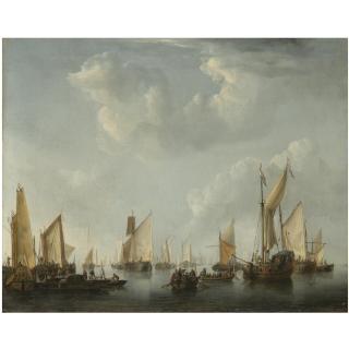 Willem van de Velde the Younger - A Calm, With A States Yacht And Other Vessels In A Crowded Harbour Scene