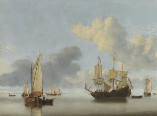 Willem Van De Velde The Younger - A Dutch Ship At Anchor Drying Sails And A Kaag Under Sail