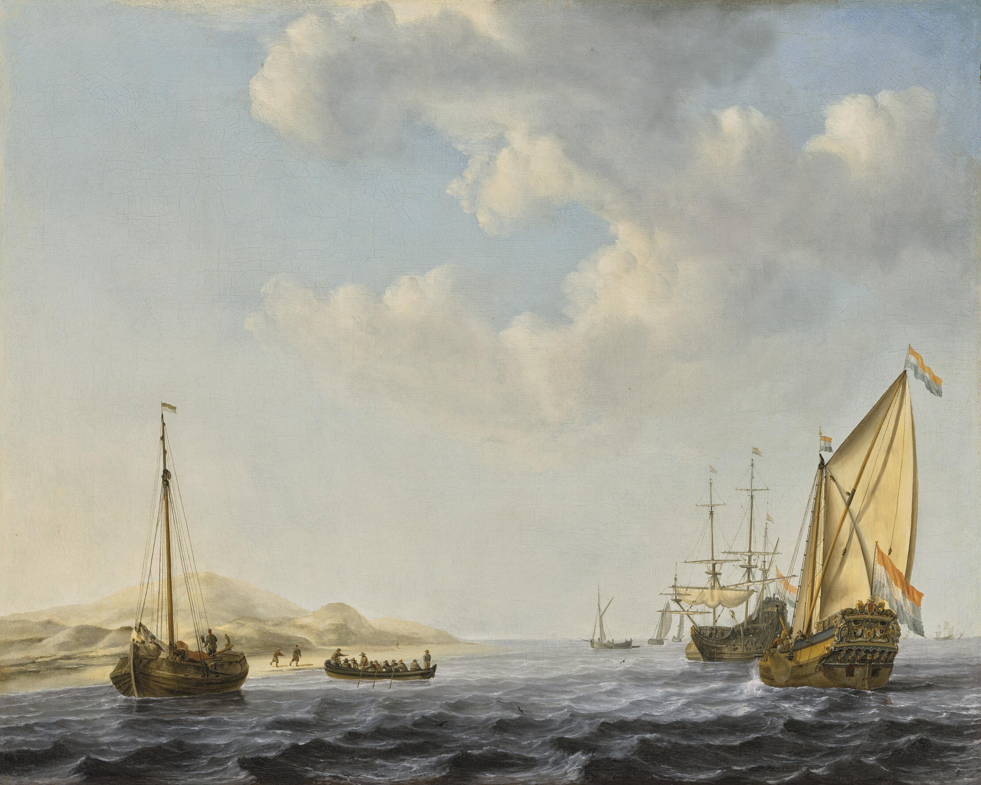 Willem Van De Velde The Younger - An Amsterdam States Yacht at anchor near the shore, with other boats in choppy waters