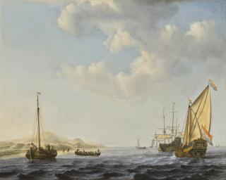 Willem Van De Velde The Younger - An Amsterdam States Yacht at anchor near the shore, with other boats in choppy waters