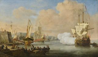 Willem Van De Velde The Younger - An English Ship Firing A Gun And Coming To Anchor Off A European Mediterranean Fortification