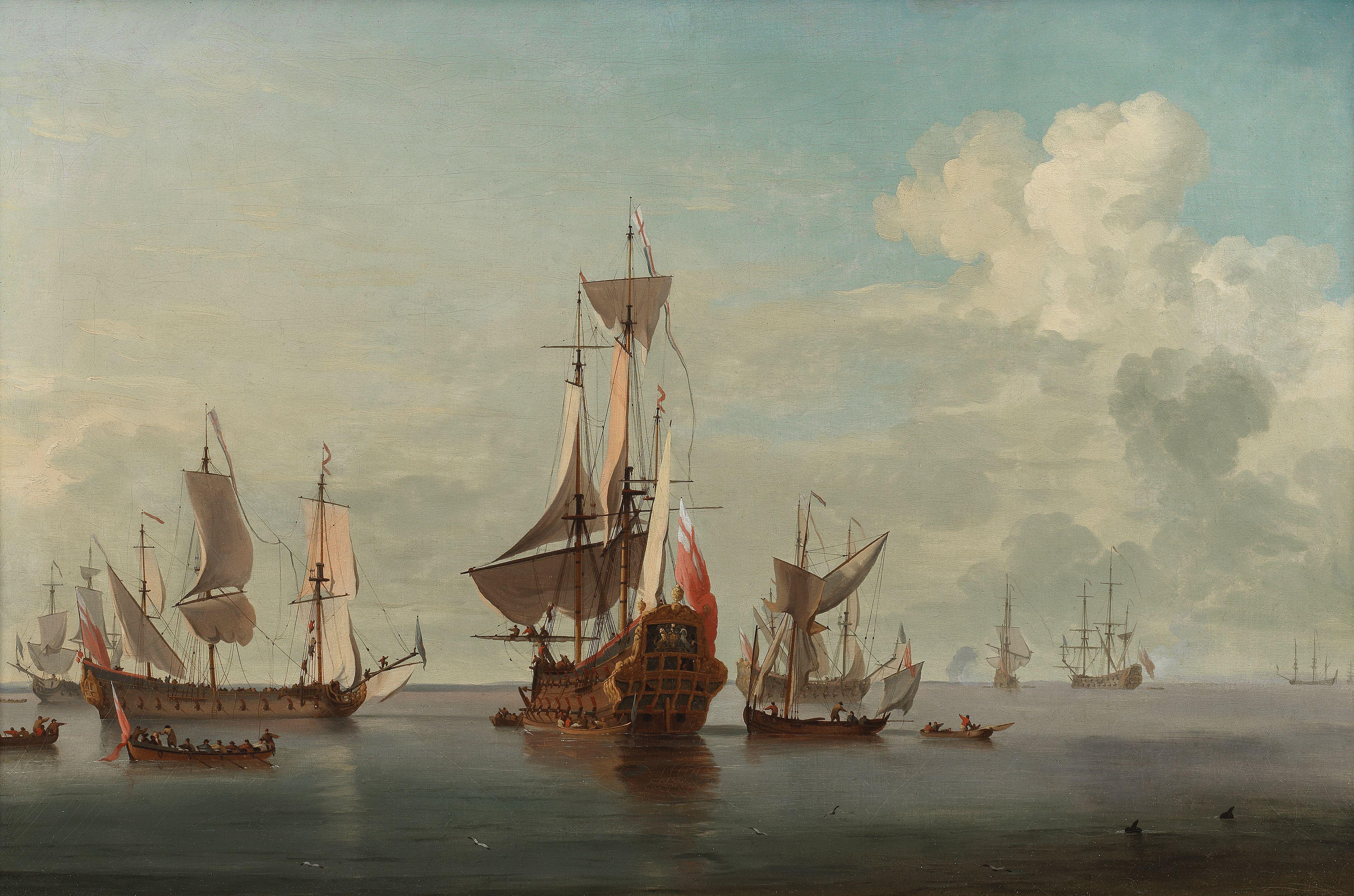 Willem van de Velde the Younger - Calm: English ships and other small craft off a distant shore in a carved and gilded English Chippendale-style frame