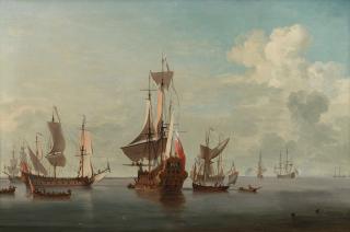 Willem van de Velde the Younger - Calm: English ships and other small craft off a distant shore in a carved and gilded English Chippendale-style frame