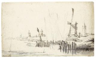 Willem van de Velde the Younger - Estuary Scene With Windmills And Church Towers