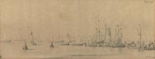 Willem van de Velde The Younger - Fishing vessels at a quay in the Zuiderzee, the Dutch fleet seen beyond