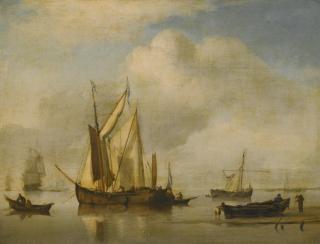 Willem Van De Velde The Younger - Shipping In A Calm Offshore With Figures On The Shore By A Rowing Boat, A Man-Of-War Lying Off