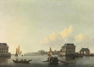 Willem Van De Velde The Younger - The Blockhouses On The Amstel Outside Amsterdam, With Three Men In A Rowing Boat Approaching A Barge In The Foreground
