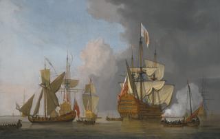 Willem van de Velde the Younger - The Royal Sovereign Firing A Single Cannon With A Royal Yacht In A Light Air, Longboats And Other Men-Of-War And Shipping On A Calm Sea With Land Beyond To The Left