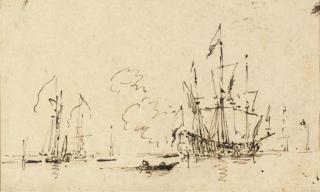 Willem Van De Velde - Deux voiliers, une barque au premier plan, d\'autres bateaux dans le lointain