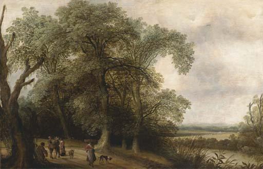 Willem Van Den Bundel - A wooded river landscape with figures on a track