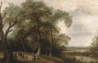 Willem Van Den Bundel - A wooded river landscape with figures on a track