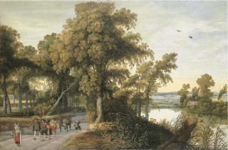 Willem van den Bundel - A wooded river landscape with soldiers, peasants and huntsmen on a path, a church through the trees beyond
