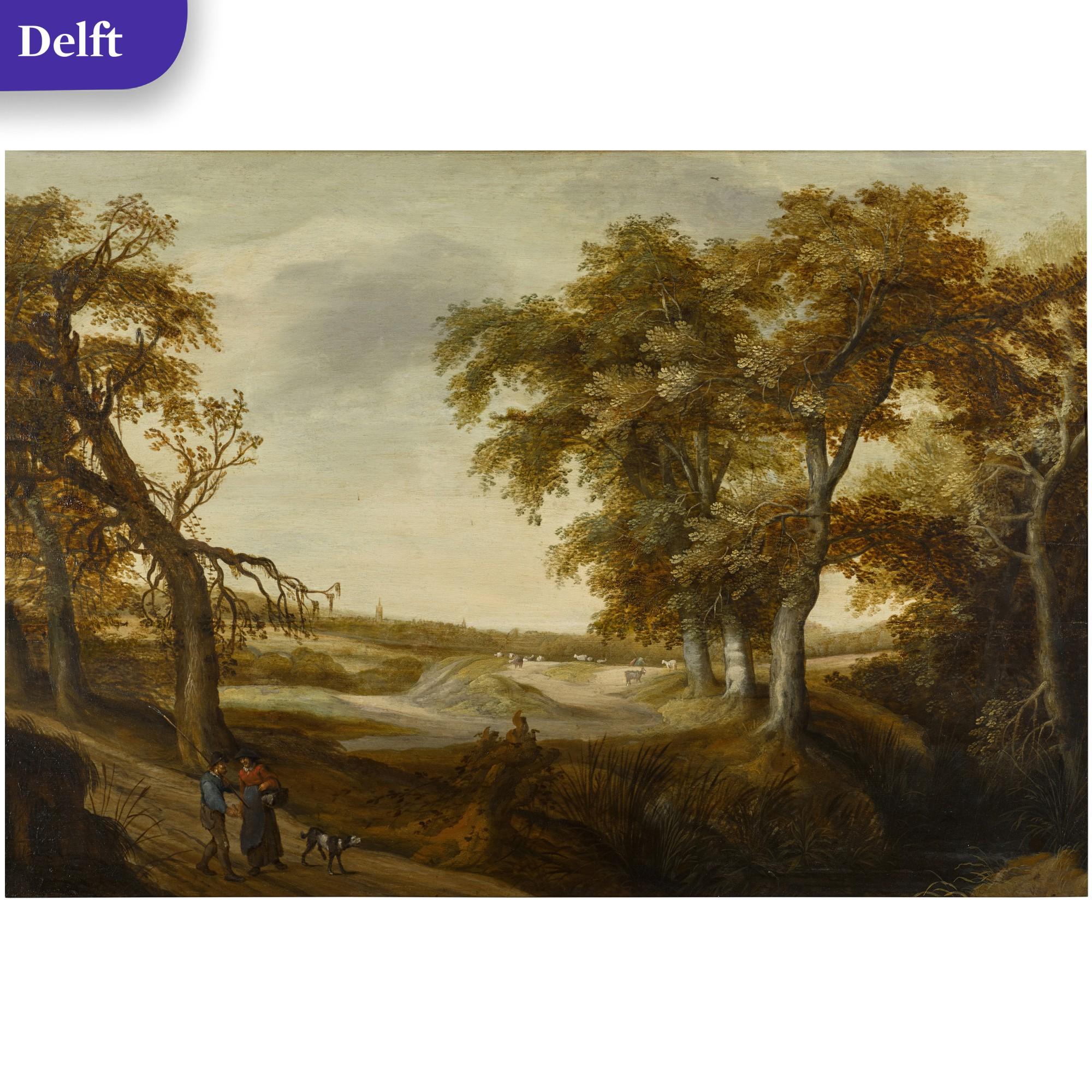 Willem Van Den Bundel - Extensive wooded landscape with peasants on a road