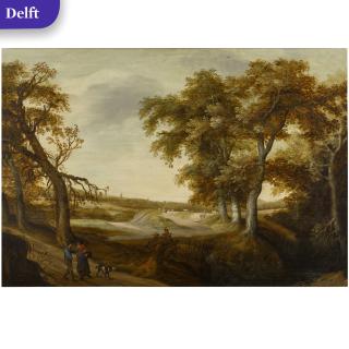 Willem Van Den Bundel - Extensive wooded landscape with peasants on a road