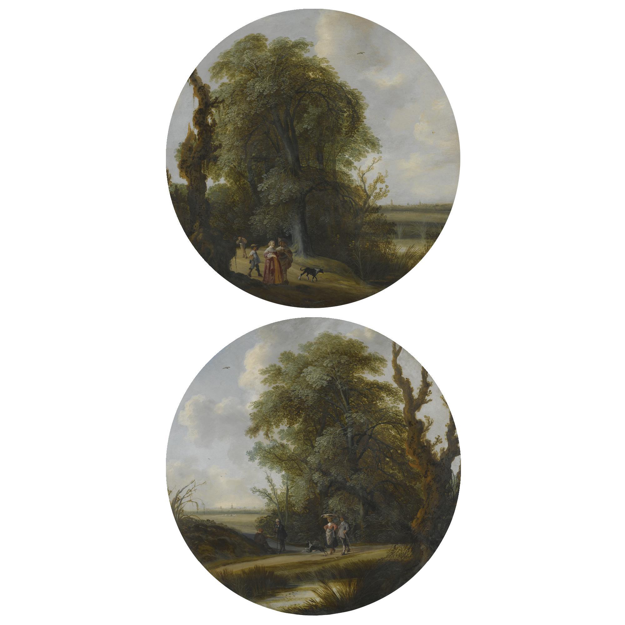 Willem van den Bundel - Landscape With Elegant Figures Walking Along On A Country Path, A Distant View Of Delft Beyond; Landscape With Figures Passing A Pond And Resting Traveller, A View Of Overschie And Rotterdam Beyond