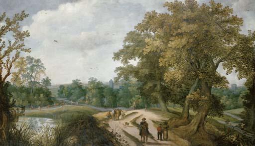 Willem van den Bundel - Peasants And Travelers On A Path, A Village Beyond