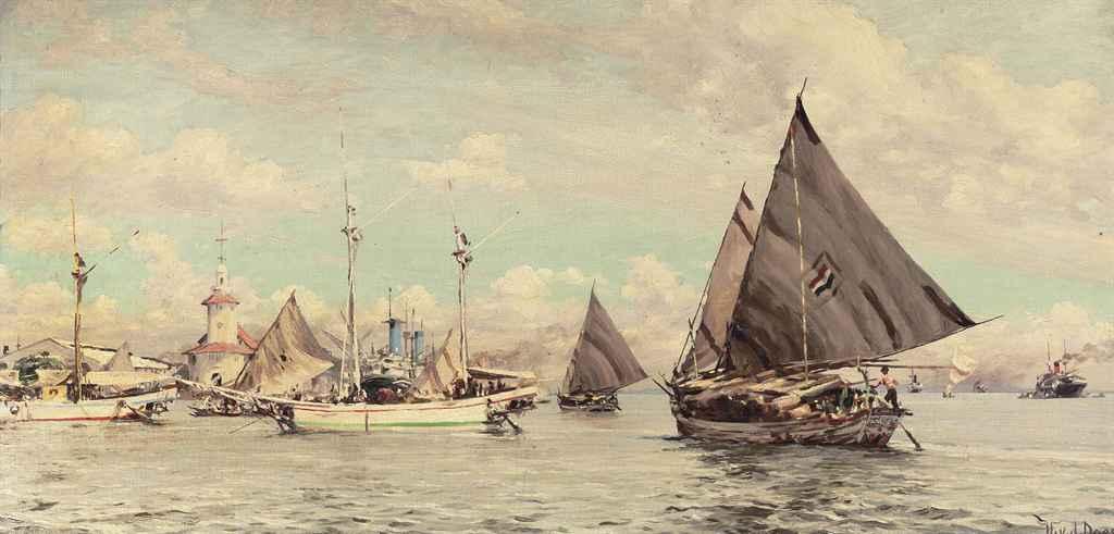 Willem van der Does - Shipping in the habour of Surabaya
