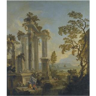 Willem Van Der Hagen - An Extensive River Landscape With Figures Resting Beside Classical Ruins