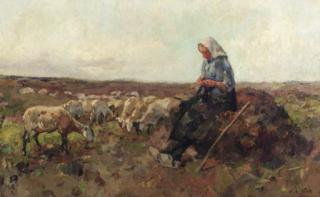 Willem van der Nat - A shepherdess and flock in a heath landscape