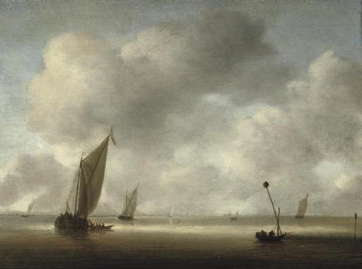 Willem Van Diest - A calm with fishing boats and fishermen in the foreground