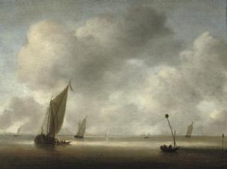 Willem Van Diest - A calm with fishing boats and fishermen in the foreground