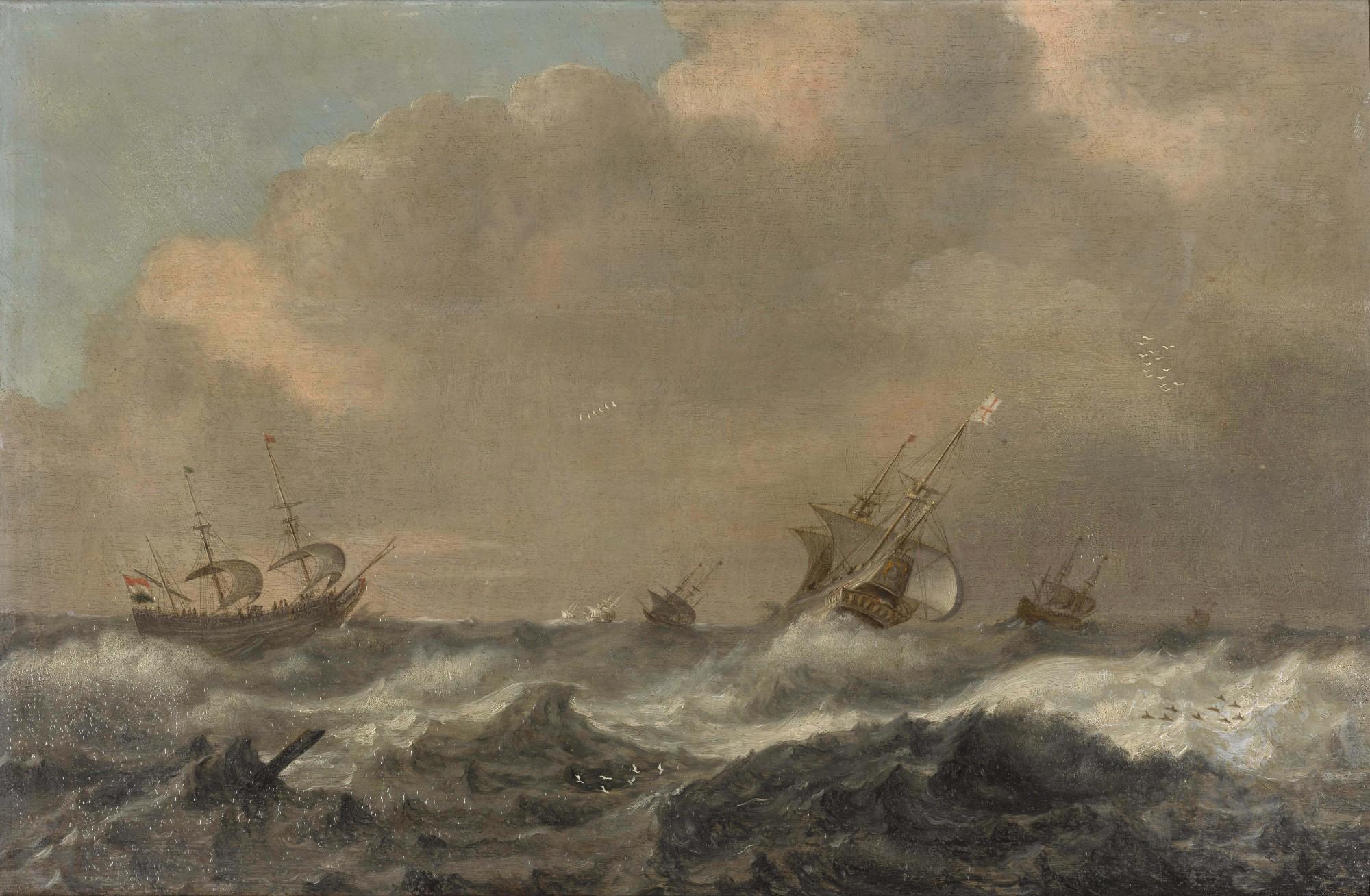 Willem Van Diest - A Naval Battle Between English And Dutch Ships In A Rough Sea