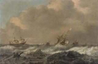 Willem Van Diest - A Naval Battle Between English And Dutch Ships In A Rough Sea