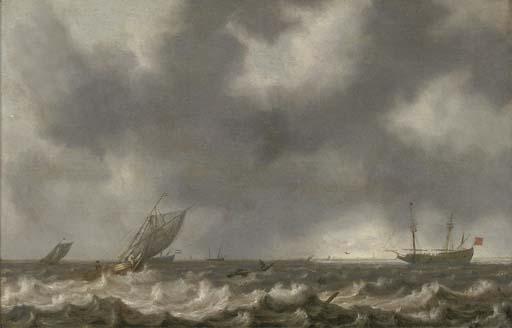 Willem van Diest - Dutch men-o\'-war and other shipping in choppy seas, with a view of the coast beyond