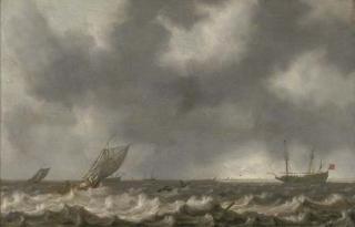 Willem van Diest - Dutch men-o\'-war and other shipping in choppy seas, with a view of the coast beyond