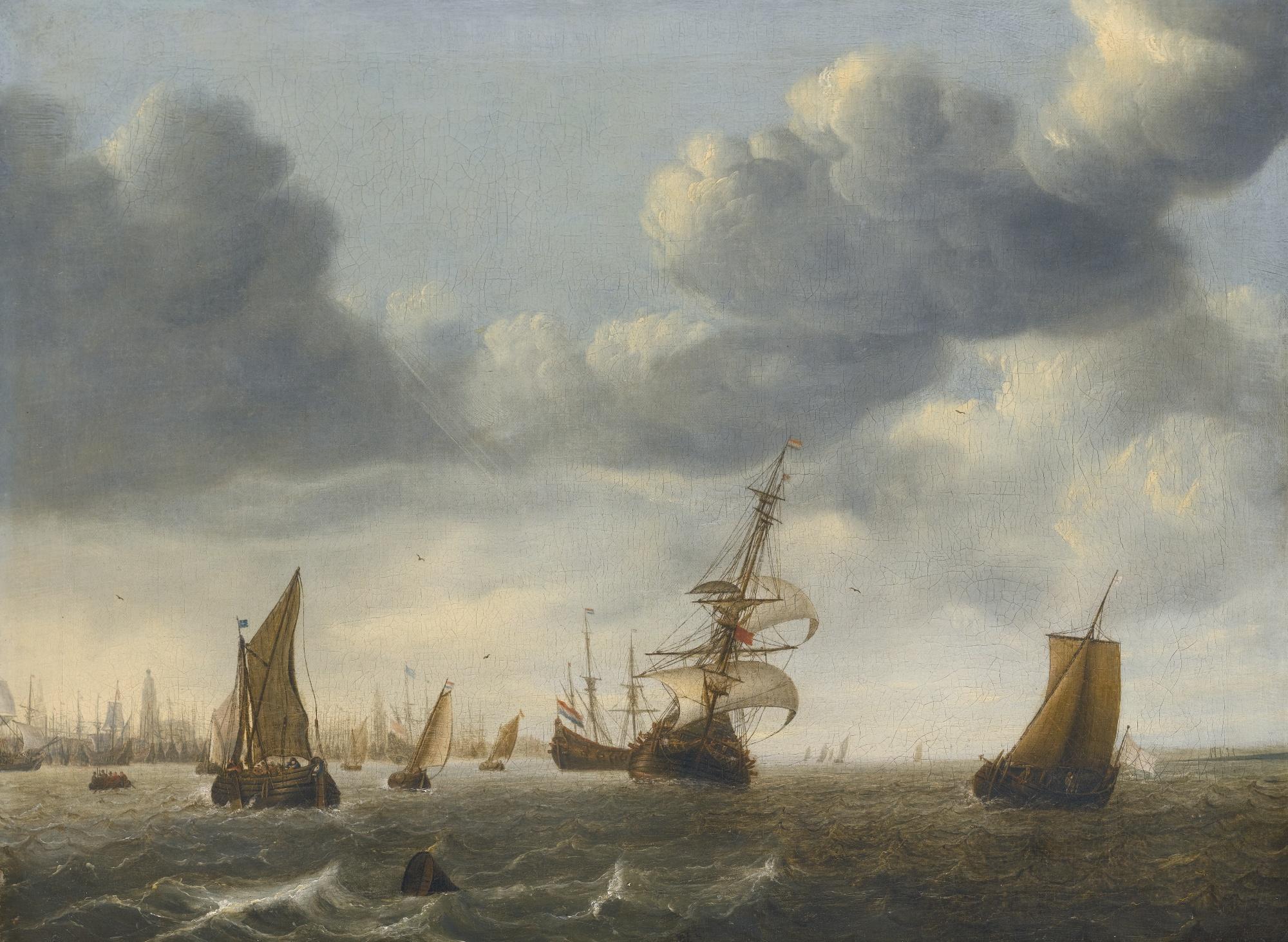 Willem Van Diest - Ships Offshore, A View Of Rotterdam Beyond