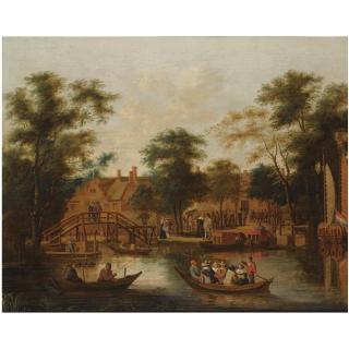 Willem van Drielenburg - A Wooded River Landscape With A Village With Fishermen And An Elegant Company In A Rowing Boat In The Foreground, Two Elegant Figures On A Wooden Bridge On The Left, Other Figures On The River Banks  