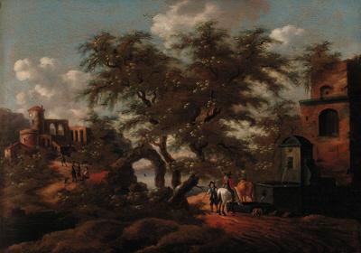 Willem Van Drielenburgh - A wooded landscape with herdsmen and cattle at a fountain, a lake beyond