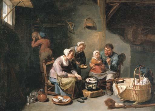 Willem van Herp - A peasant family frying fish in an interior