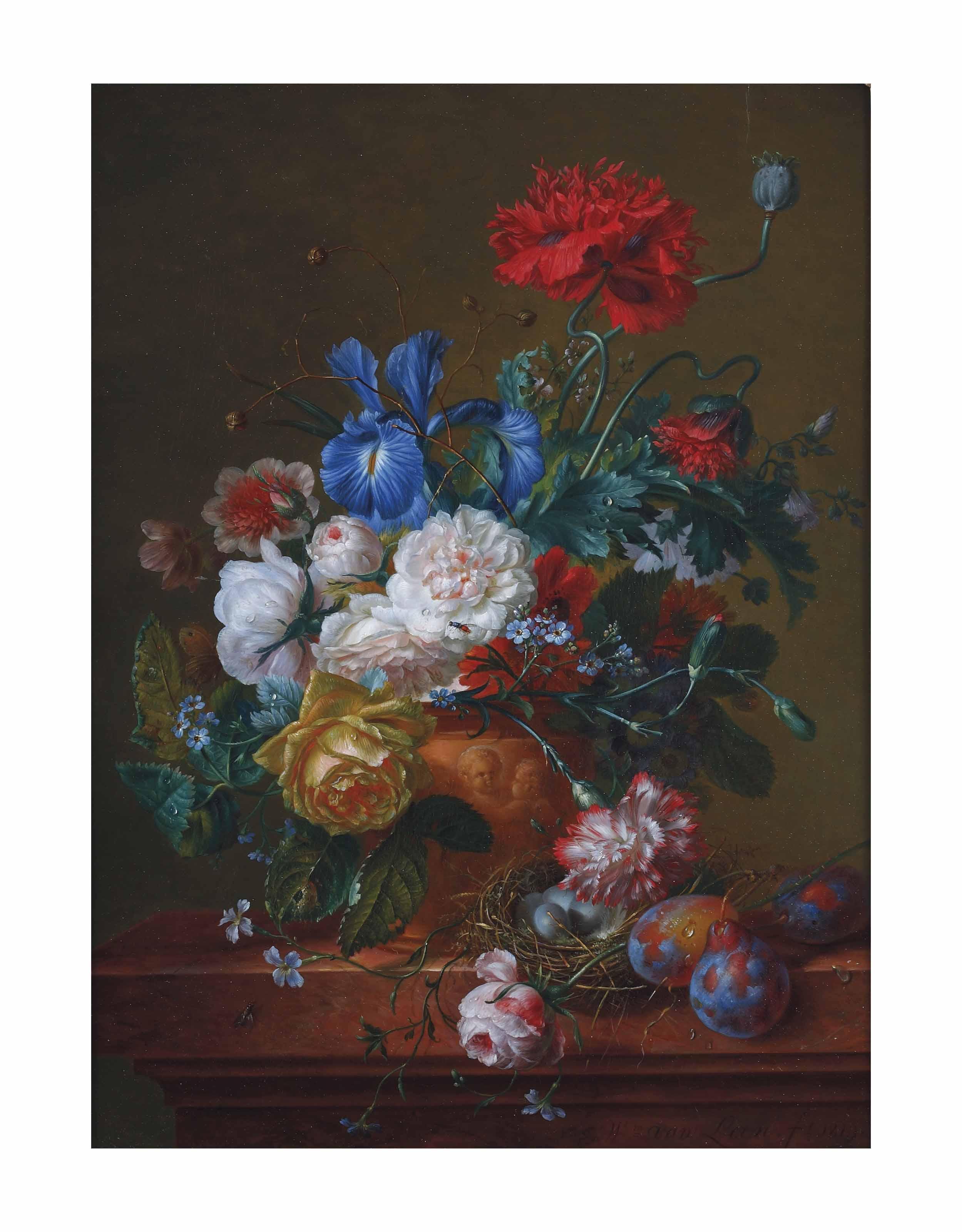 Willem Van Leen - A bouquet of roses, poppies, forget-me-nots, irises and carnations in an earthenwear vase with prunes and a bird\'s nest on a ledge