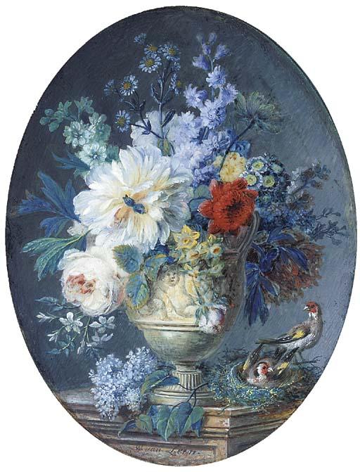 Willem Van Leen - A fine still life of flowers in a stone vase sculpted with amorini on a stone ledge including a peony, anemonies, old roses, auriculae, chrysanthemums, daisies, larkspur and acanthus leaves, two goldfinches in a bird\'s nest