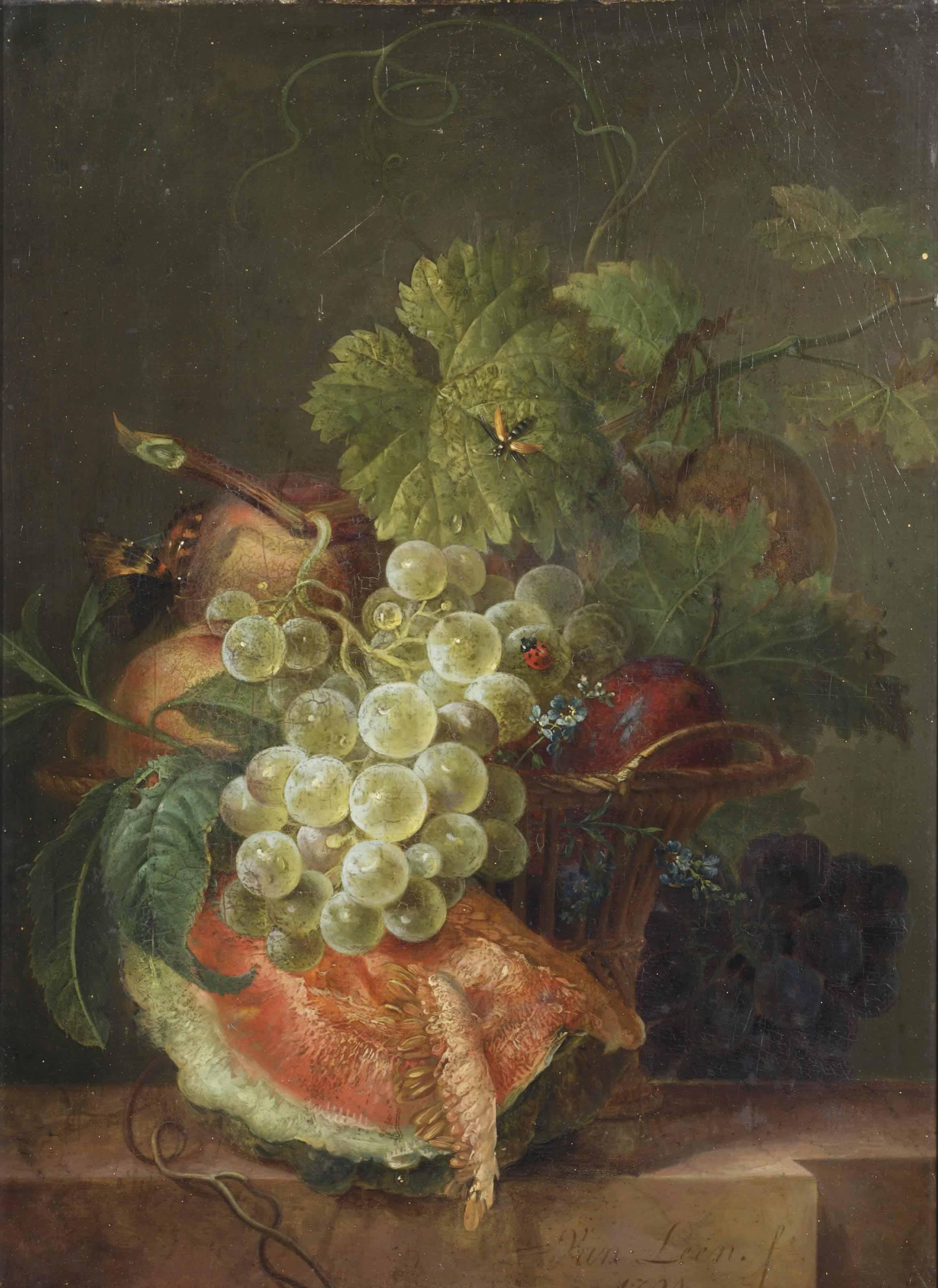Willem van Leen - A slice of melon and grapes in a basket, with a ladybug and other insects, all on a marble ledge
