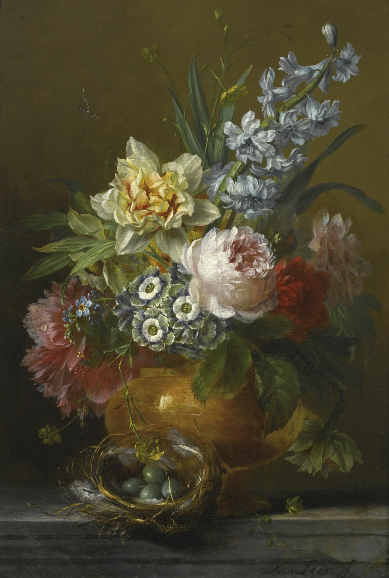 Willem Van Leen - A Still Life With Roses, Hyacinths, Auricula, Pink Peonies, Forget-Me-Nots And Buttercups In A Stone Vase, On A Stone Ledge Together With A Dunnock\'S Nest And A Dragonfly
