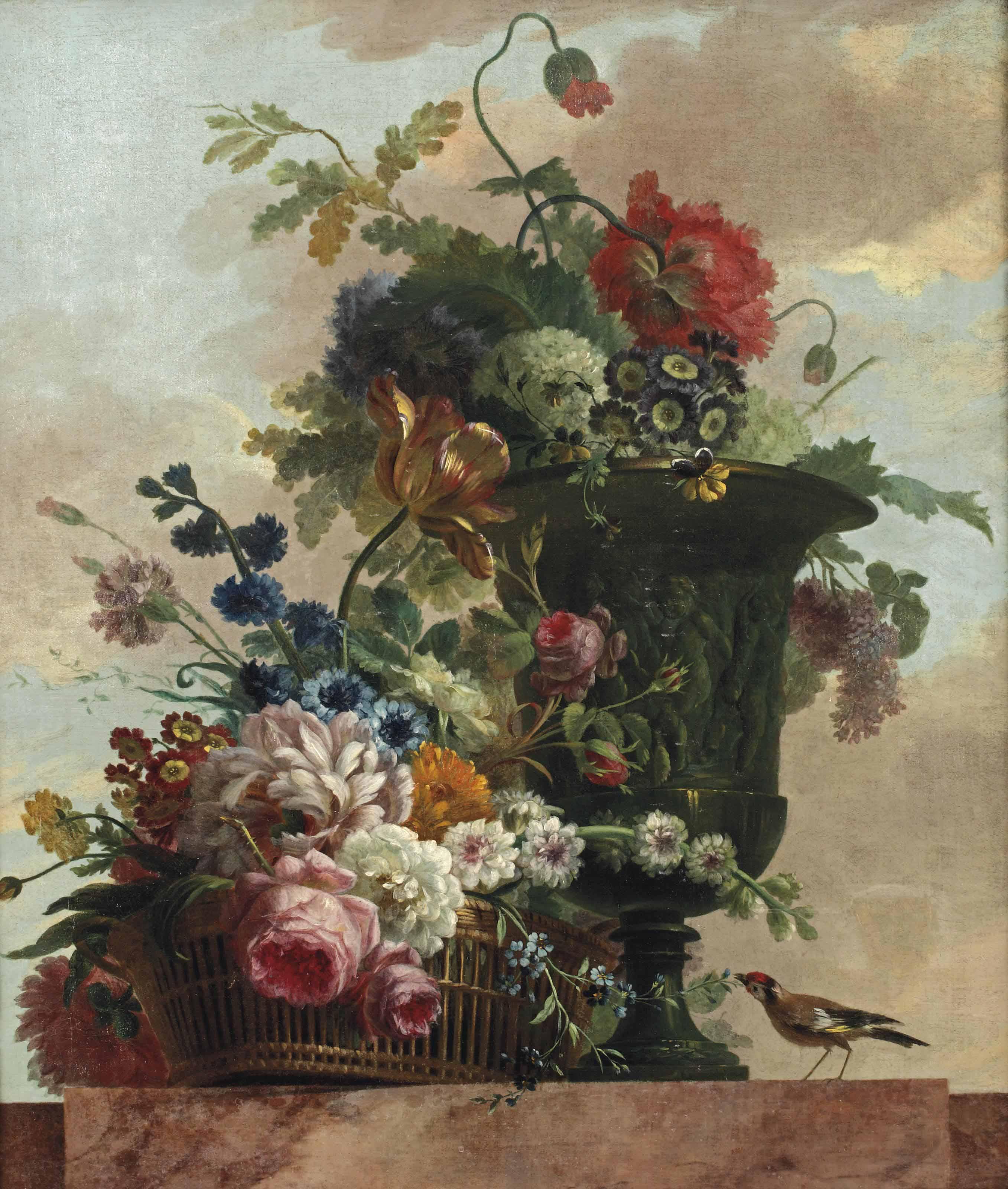 Willem van Leen - A wicker basket with roses, peonies and tulips and other flowers in a sculptured vase, with a bird on a marble ledge