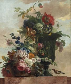 Willem van Leen - A wicker basket with roses, peonies and tulips and other flowers in a sculptured vase, with a bird on a marble ledge
