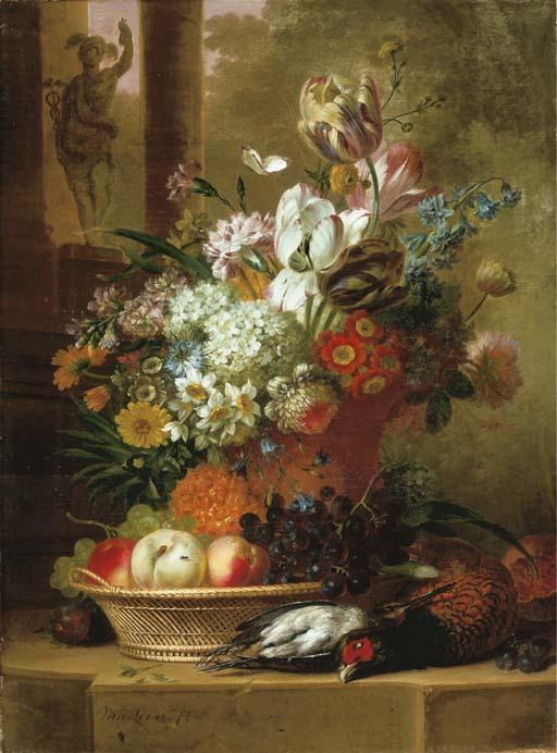 Willem Van Leen - Flowers, fruit and dead game on a stone ledge with a sculpture of Mercury beyond