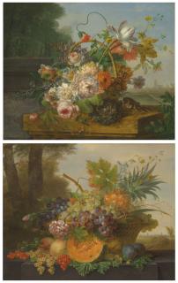 Willem Van Leen - Flowers in a basket on a ledge, with a bird\'s nest and bird, Rotterdam beyond; and Grapes and a pineapple in a basket on a marble ledge, a landscape beyond