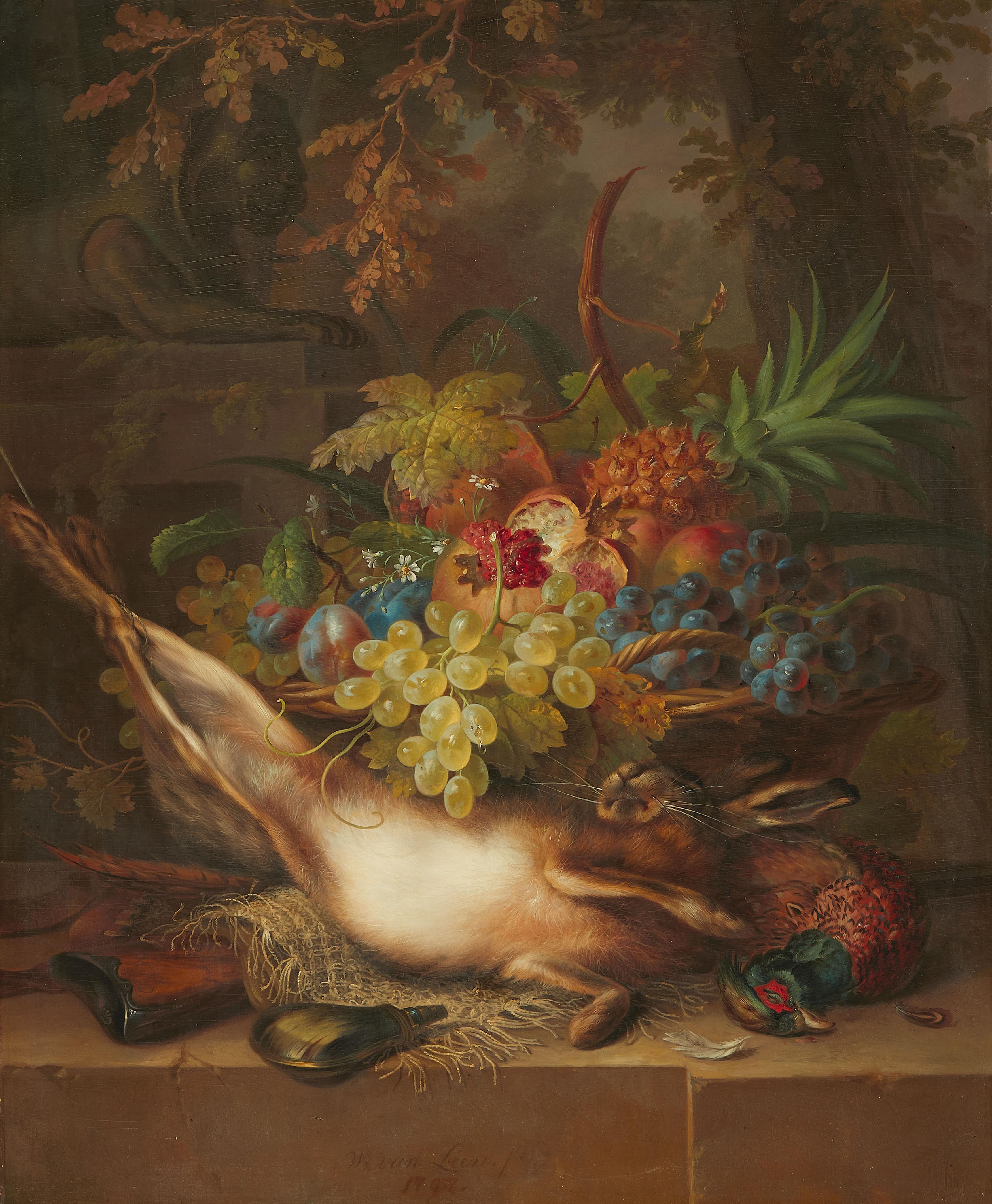 Willem van Leen - Jagdstillleben mit Früchten und Steinskulptur unter einer Eiche