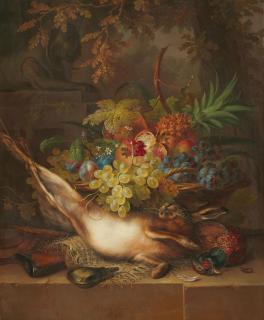 Willem van Leen - Jagdstillleben mit Früchten und Steinskulptur unter einer Eiche