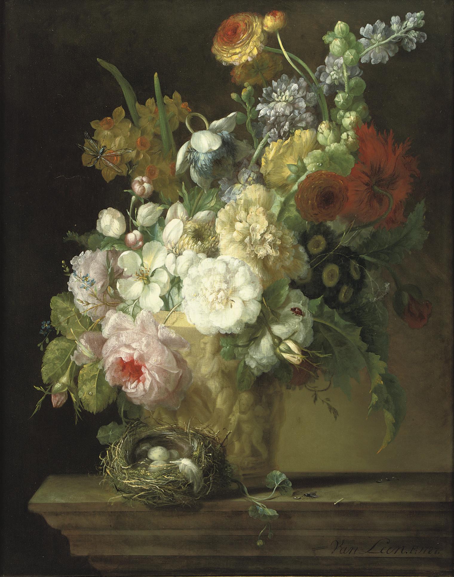 Willem Van Leen - Roses, chrysanthemums, anemonies and other flowers in a sculpted vase with a bird\'s nest on a stone ledge